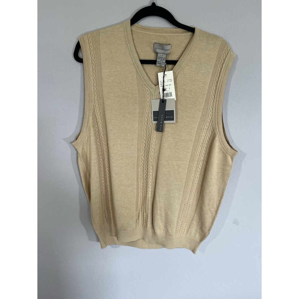 Cutter & Buck Mens Sweater Vest L Tan Silk/Cotton Summer Golf Preppy Teacher NWT